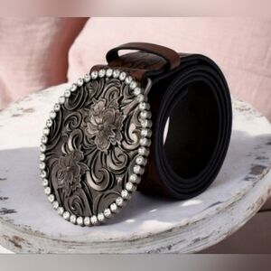 Womens Accessories Rhinestone Oval Floral Real Leather Cowboy Belt